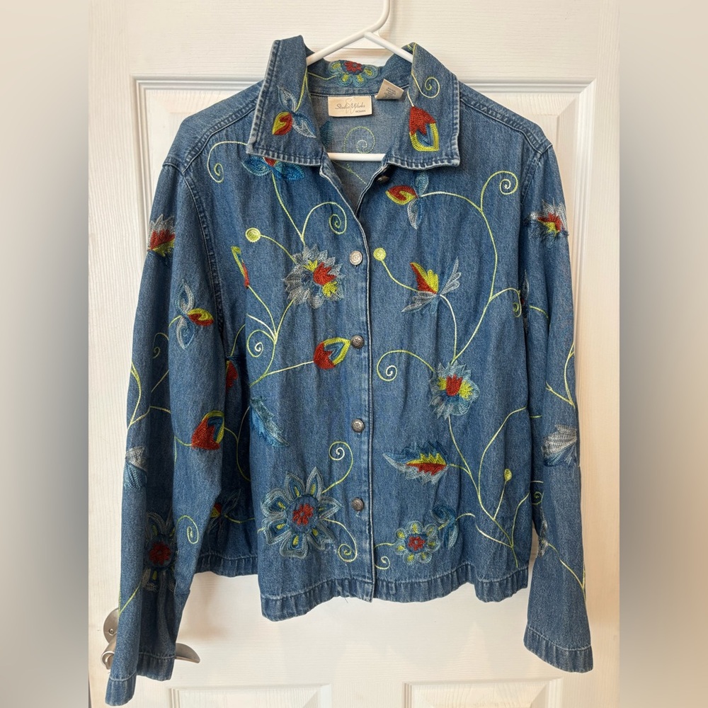 Studio Works Y2K Embroidered Denim Jacket with Floral Design